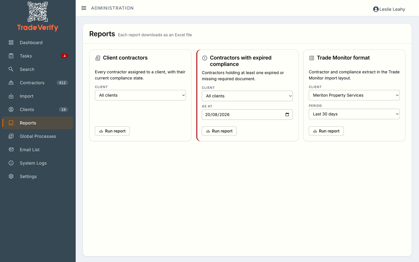 The reports screen: a full contractor compliance export, an expired-compliance report as at a chosen date, and an export in the management software's import layout — each downloading as an Excel file