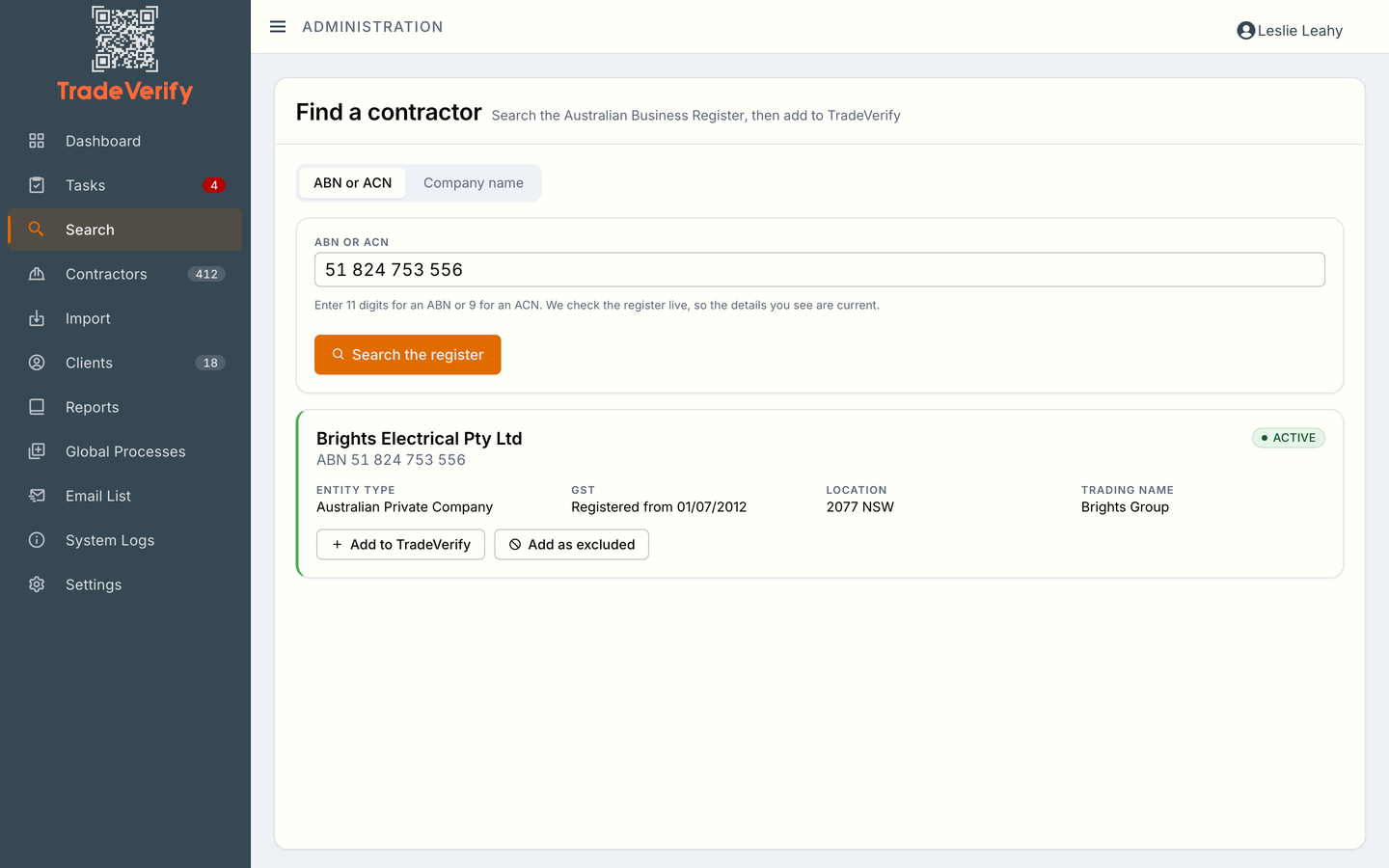 Searching the Australian Business Register by ABN from inside TradeVerify, with the live register result shown