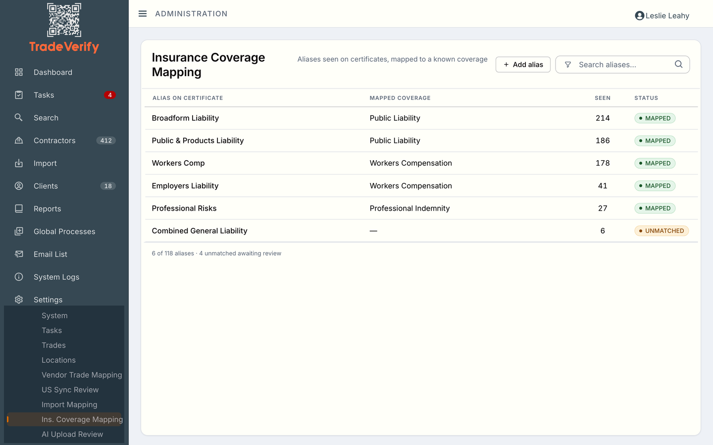 Insurance coverage mapping: wording seen on certificates, such as Broadform Liability, mapped to known coverages, with unmatched wording awaiting review