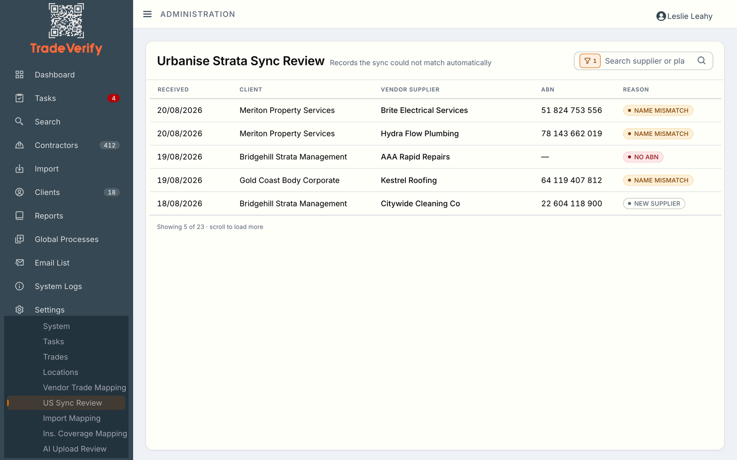 The sync review queue: incoming supplier records that could not be matched automatically, each carrying its reason — a name mismatch, a missing ABN, a new supplier