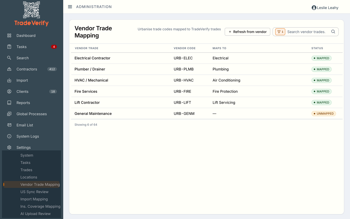 Vendor trade mapping: the management platform's trade codes mapped to TradeVerify trades, with unmapped codes flagged