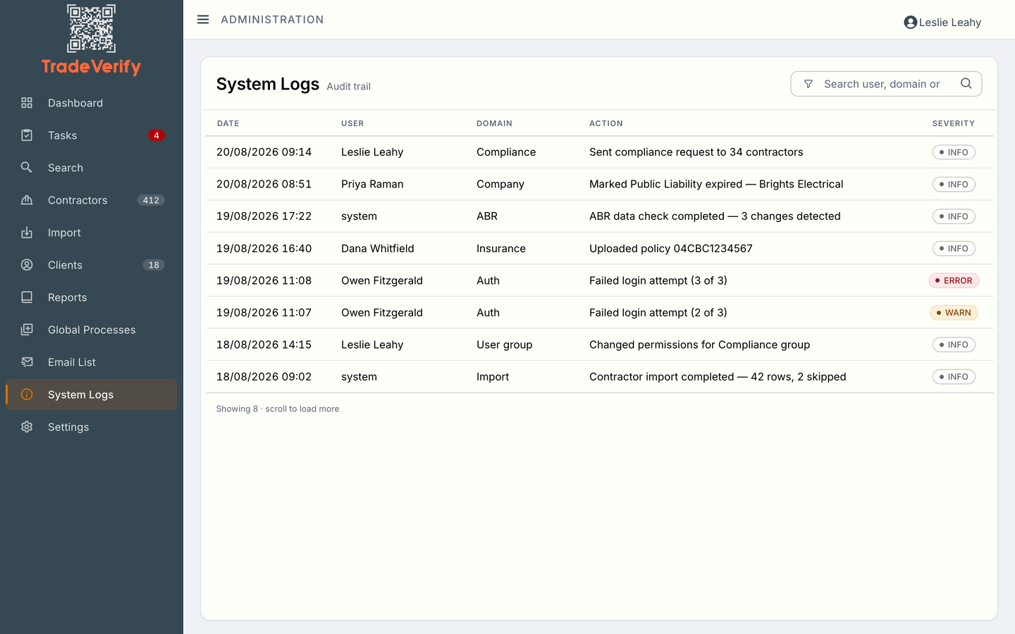The audit trail: dated entries for compliance requests sent, documents marked expired, registry checks completed and permission changes, each attributed to a user or to the system