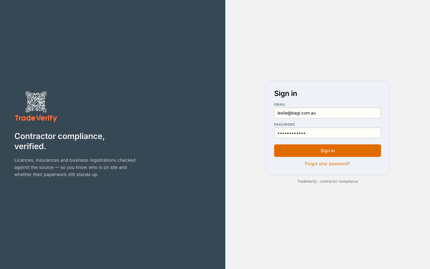 The TradeVerify sign-in page