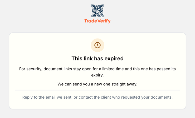 The expired-link page: document links stay open for a limited time for security, and a new one can be sent straight away