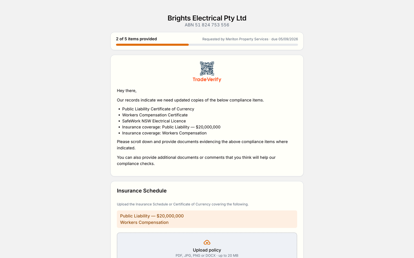 What the contractor sees: the requested documents listed specifically, a progress bar, and an upload area — no login required