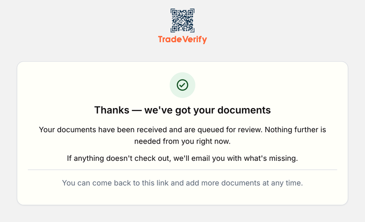 The confirmation page after a contractor submits documents, stating they are queued for review