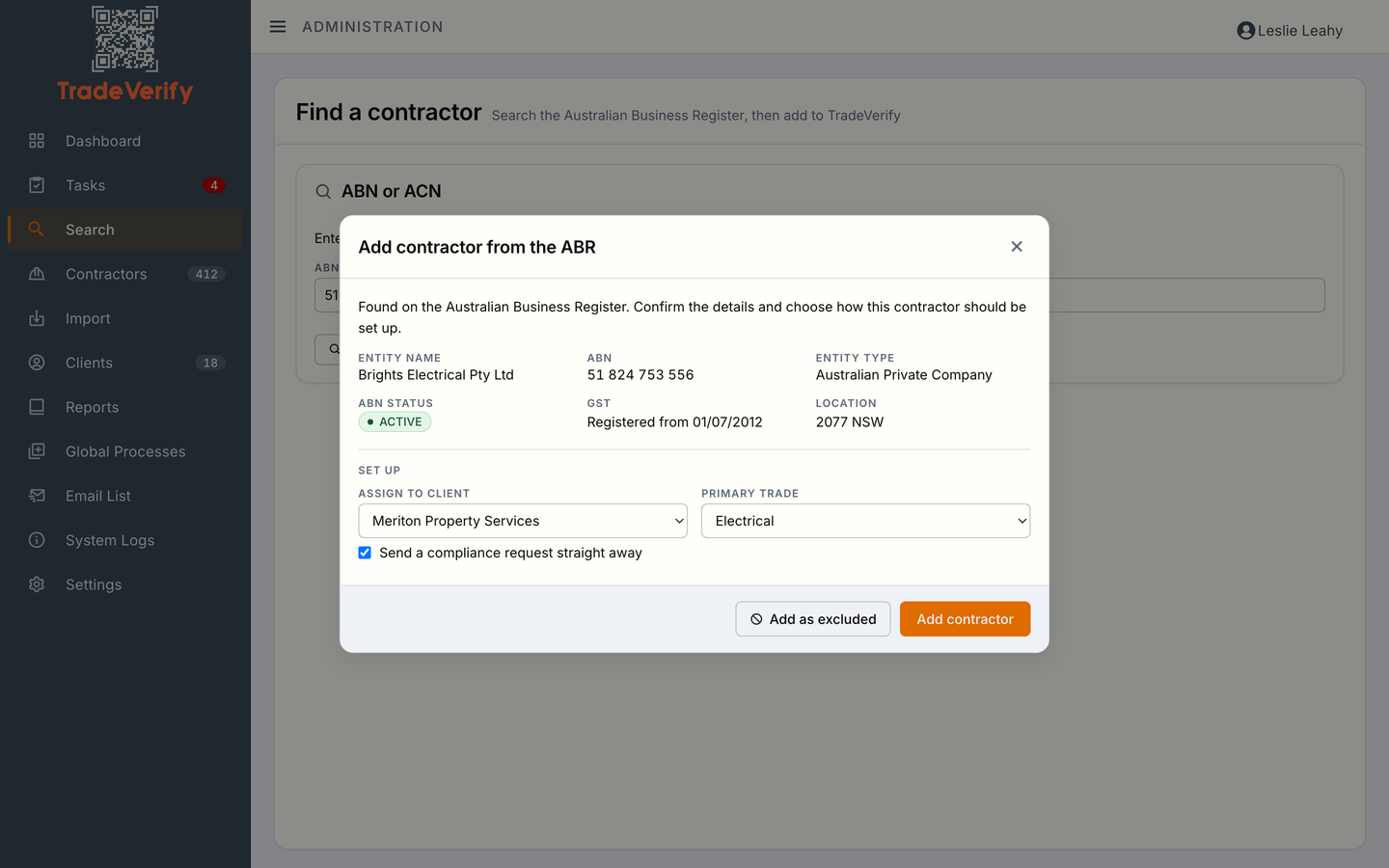 Confirming an ABR result before adding the contractor: entity name, ABN status, GST registration and entity type