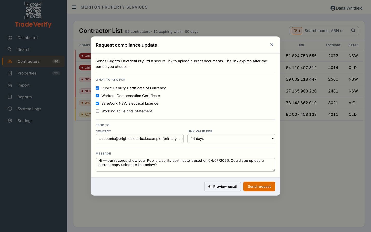 Composing a compliance request: the documents being asked for, the contact it goes to, how long the link stays valid, and the message the contractor will read