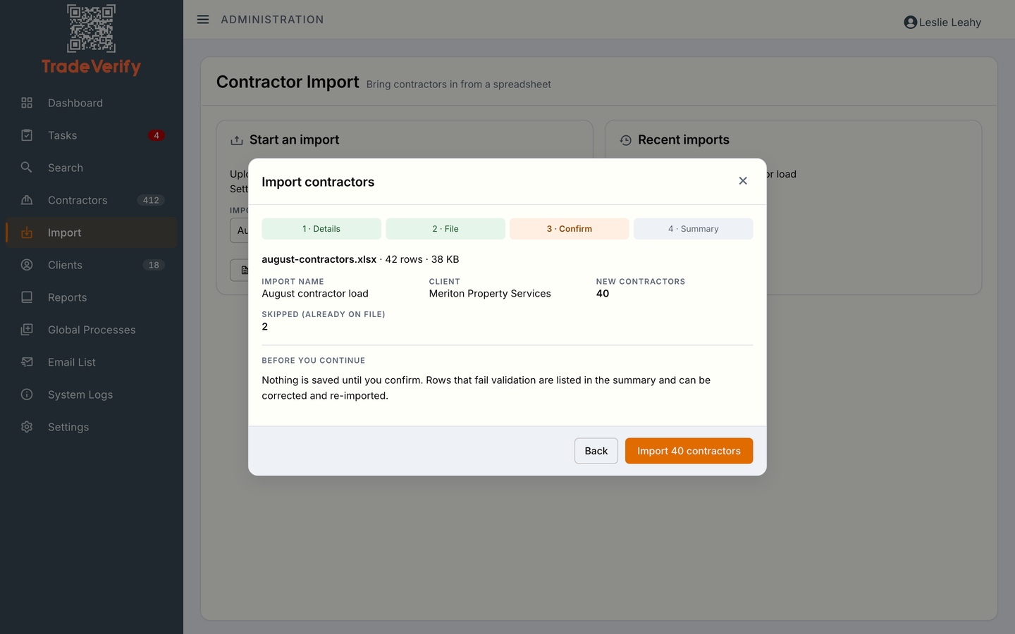 The import confirmation step: the spreadsheet named, how many contractors will be added, how many skipped as already on file, and the note that nothing is saved until confirmed