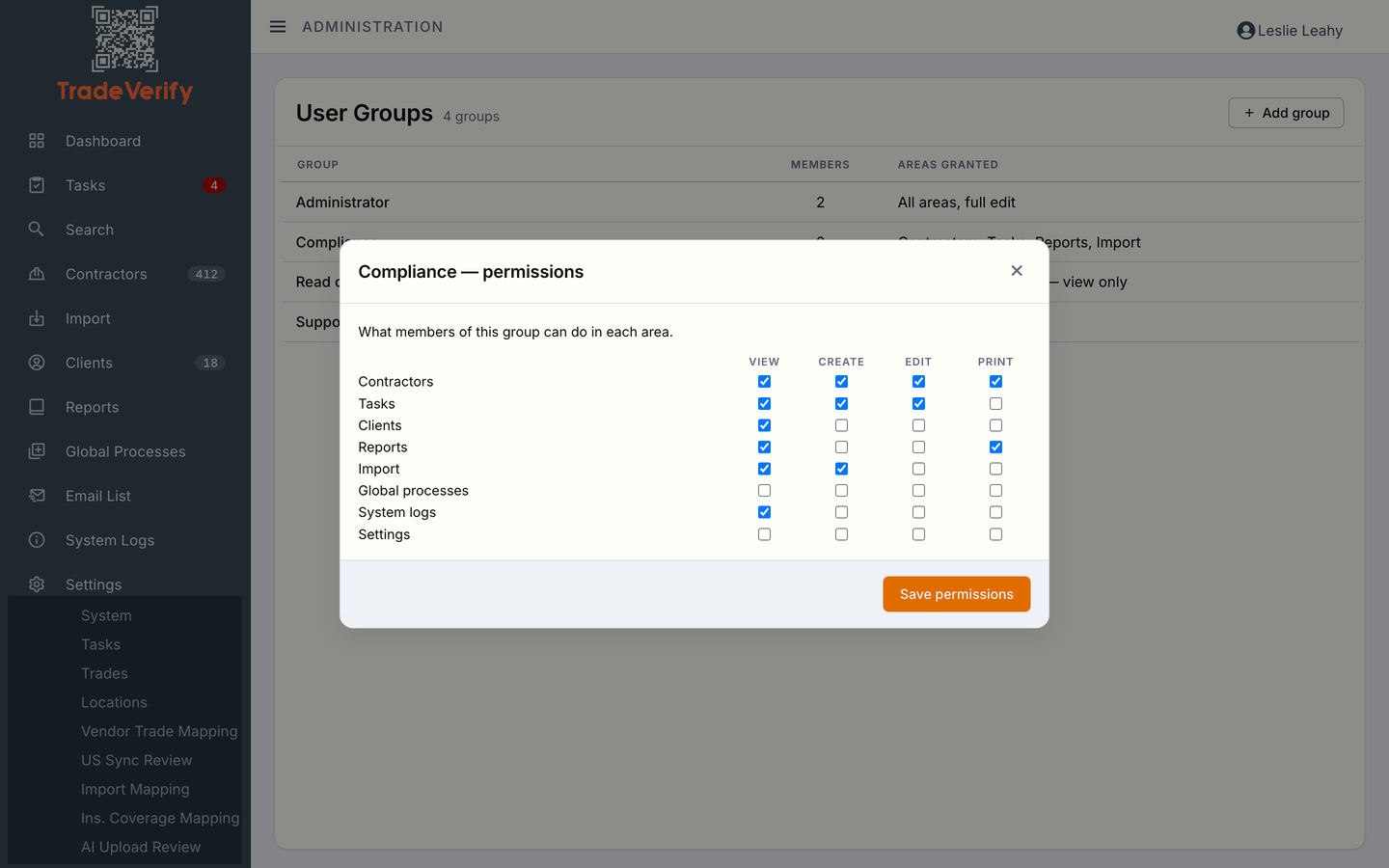 User group permissions: view, create, edit and print rights set separately for each area of the platform