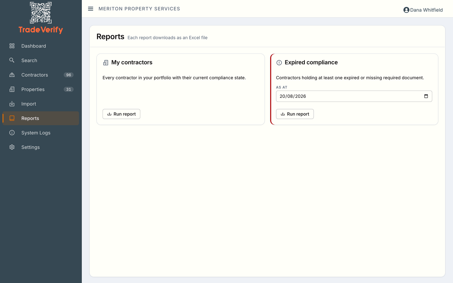 The reports screen: a full compliance summary of your contractors, and an expired-compliance report as at a chosen date — each downloads as an Excel file